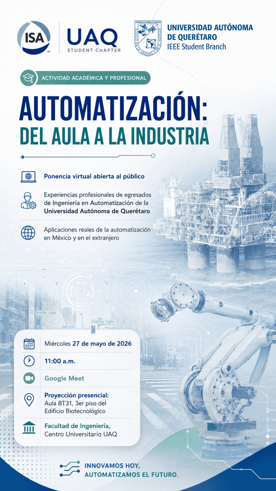 Banner móvil de la ponencia Automatización: del aula a la industria, evento virtual abierto al público el miércoles 27 de mayo de 2026 a las 11:00 a. m.